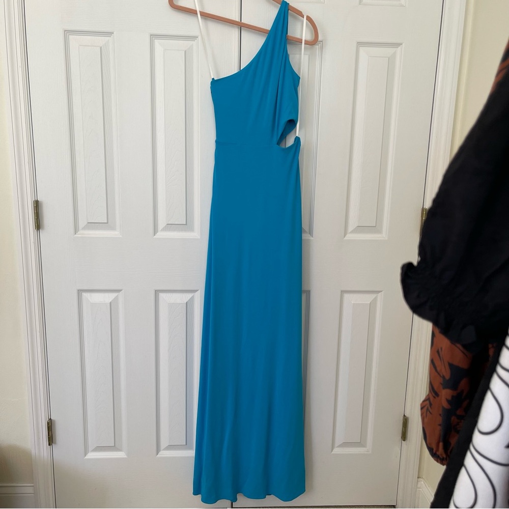 NWT Halston Ivanna Grecian Matte Jersey Aqua Turquoise Blue Formal Gown Dress - Picture 4 of 16